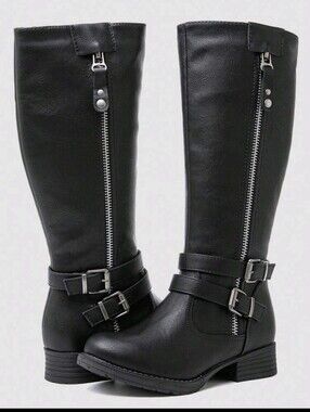 Black Knee-High Zip & Buckle Boots